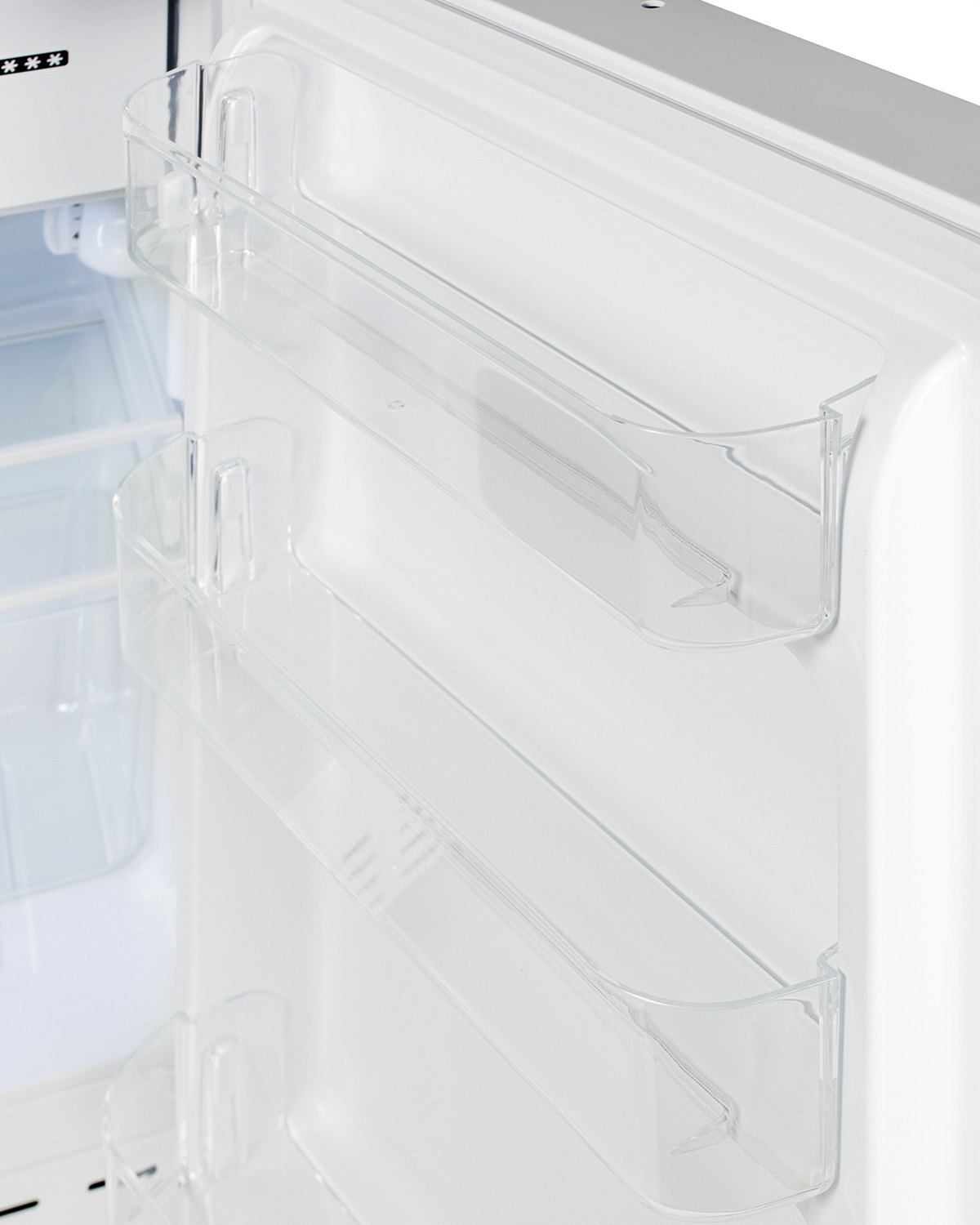 Built-in undercounter, ADA compliant refrigerator-freezer in white, designed for general purpose storage, manual defrost with glass shelves, front lock, and door storage